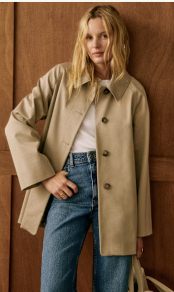 blonde woman wearing trench coat, sezane carter jacket